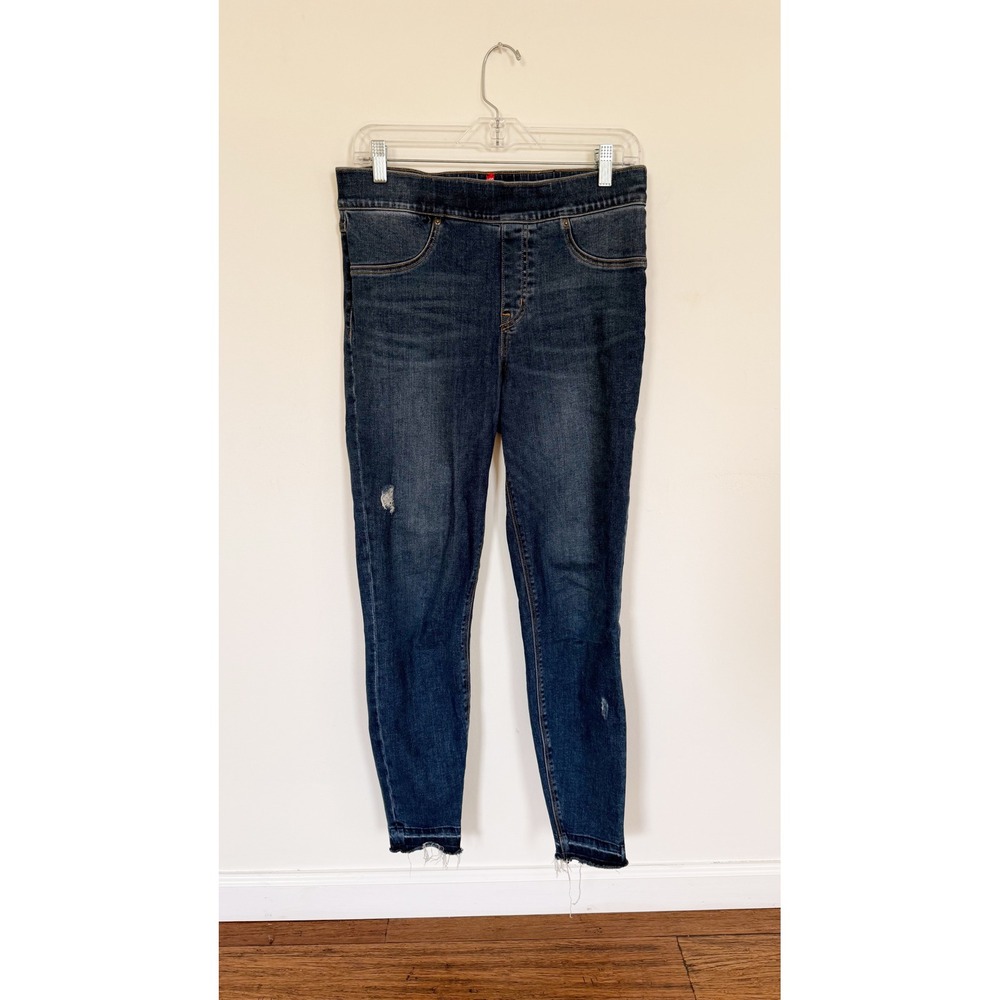 Spanx Skinny Jean Leggings Dark Wash Distressed Frayed‎ Hem Medium Shapewear